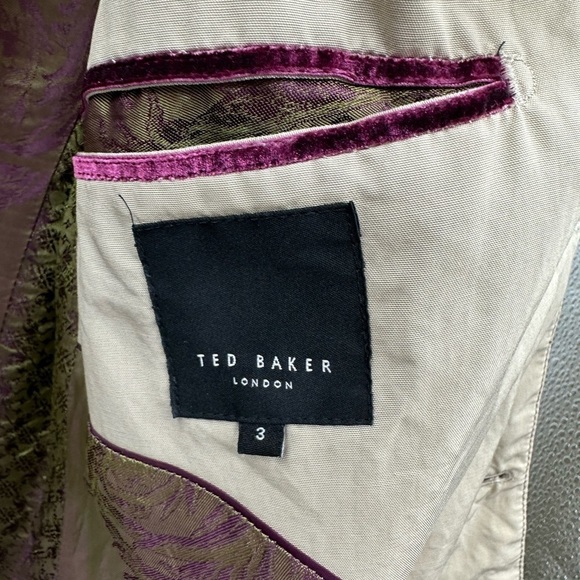Ted Baker khaki button down purple lined midi length jacket. 3 (med) 38 - Picture 4 of 16